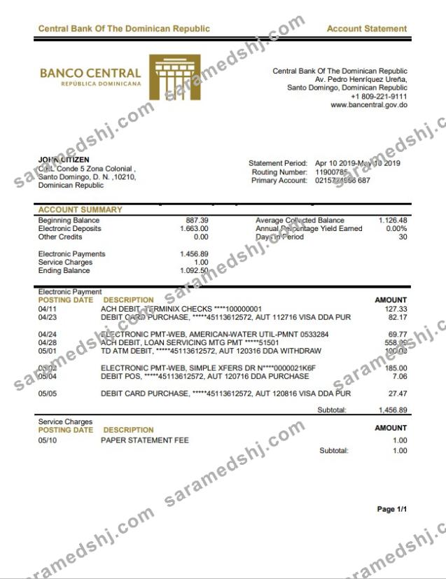 Dominican Republic Central Bank of The Dominican Republic bank statement